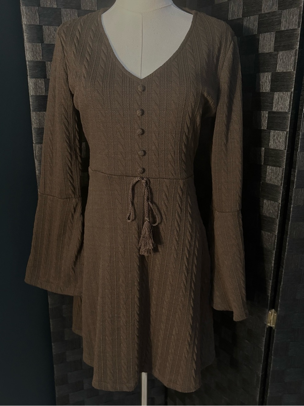 Max + Ash Boho Cable Knit Dress Bell Sleeve Tassel Tie Brown Mini